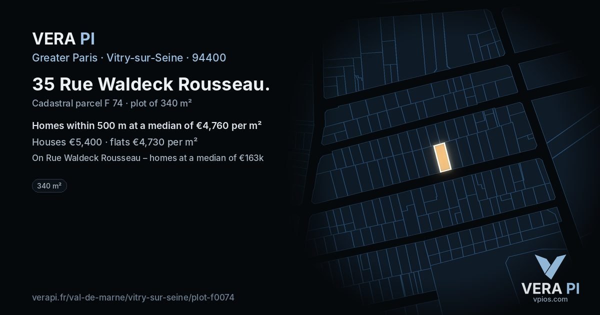 35 Rue Waldeck Rousseau, Vitry-sur-Seine at night – the plot lit, the parcels around coloured by the prices near them