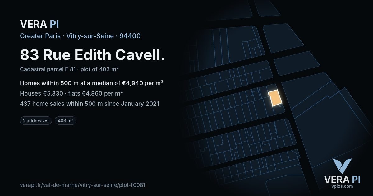 83 Rue Edith Cavell, Vitry-sur-Seine at night – the plot lit, the parcels around coloured by the prices near them