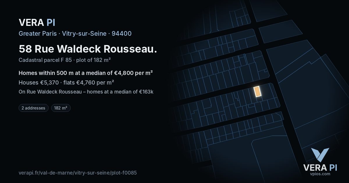 58 Rue Waldeck Rousseau, Vitry-sur-Seine at night – the plot lit, the parcels around coloured by the prices near them