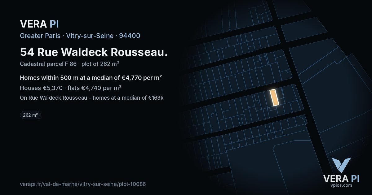 54 Rue Waldeck Rousseau, Vitry-sur-Seine at night – the plot lit, the parcels around coloured by the prices near them