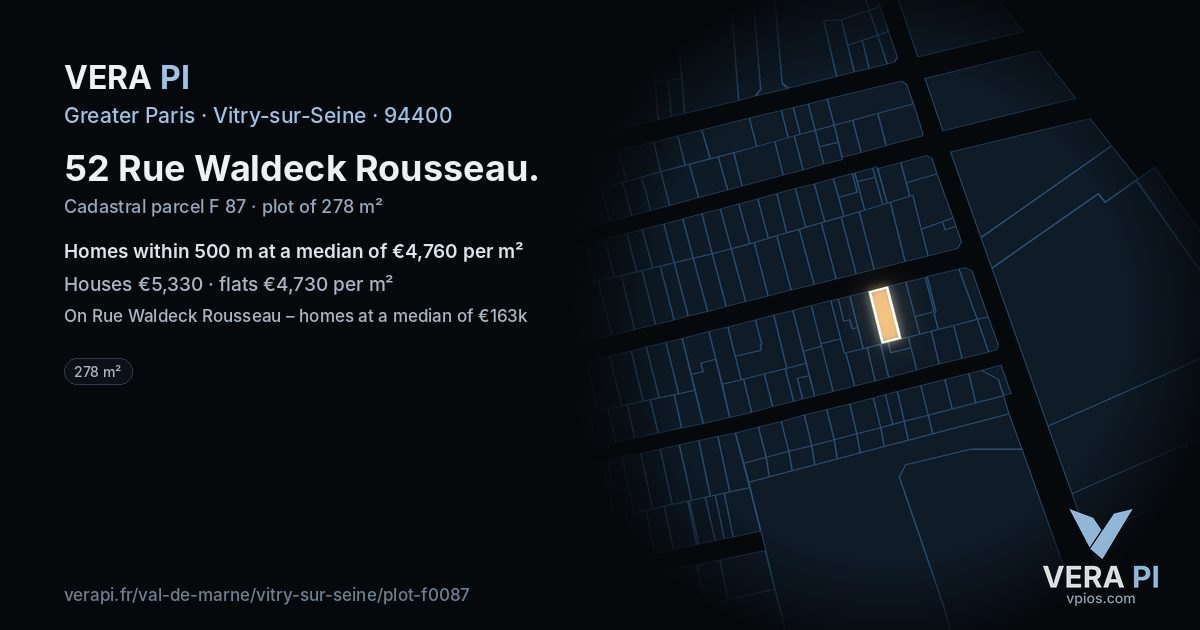 52 Rue Waldeck Rousseau, Vitry-sur-Seine at night – the plot lit, the parcels around coloured by the prices near them