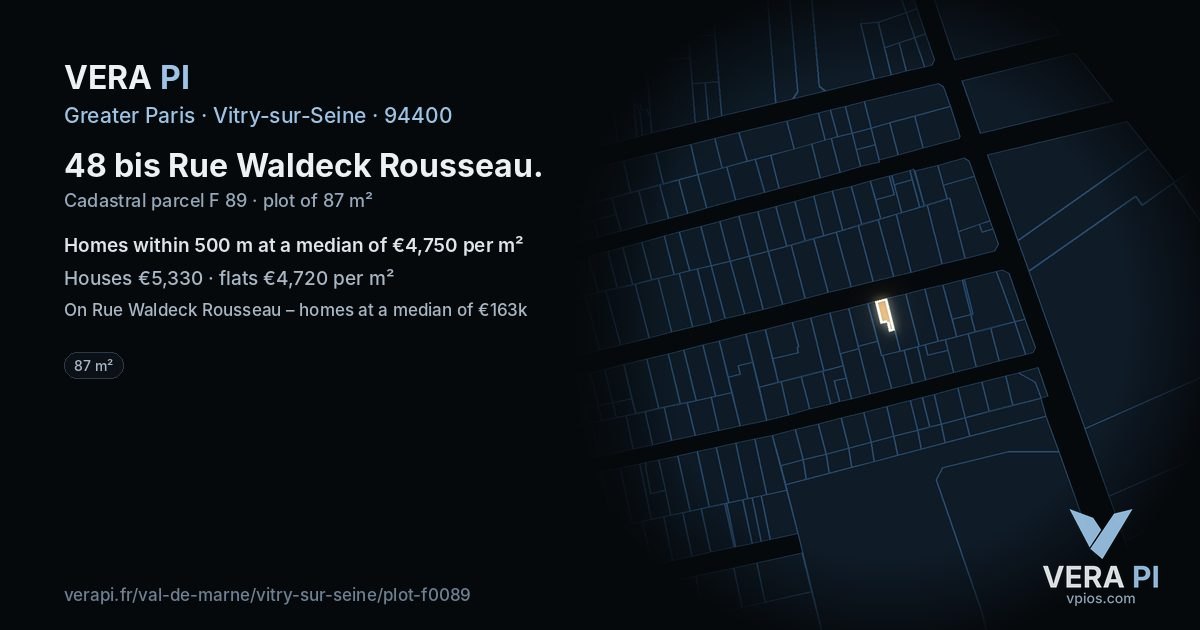 48 bis Rue Waldeck Rousseau, Vitry-sur-Seine at night – the plot lit, the parcels around coloured by the prices near them