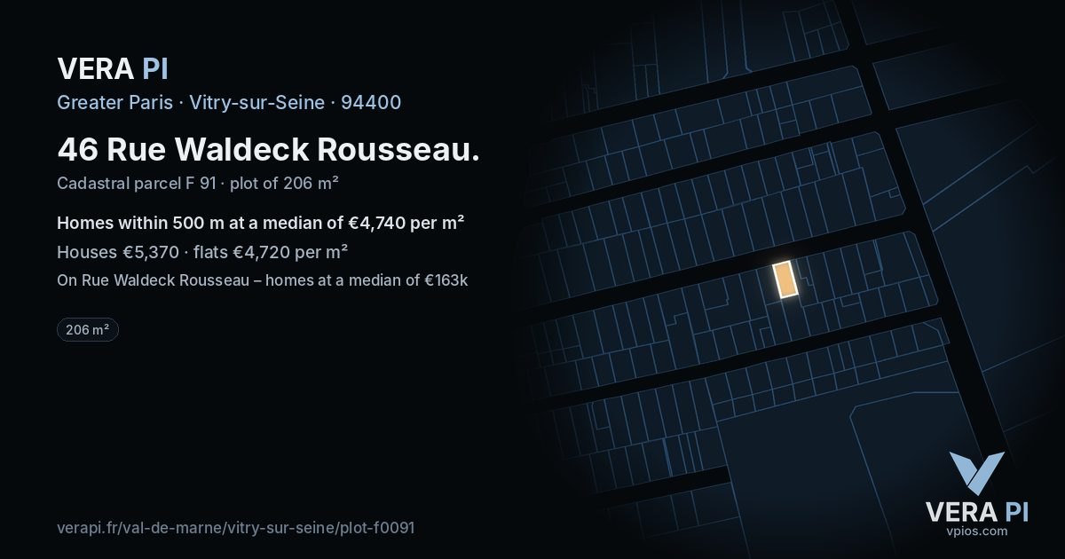 46 Rue Waldeck Rousseau, Vitry-sur-Seine at night – the plot lit, the parcels around coloured by the prices near them