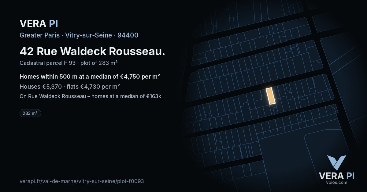 42 Rue Waldeck Rousseau, Vitry-sur-Seine at night – the plot lit, the parcels around coloured by the prices near them