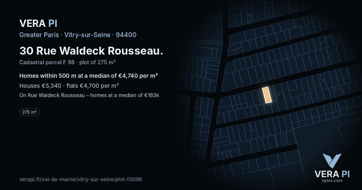 30 Rue Waldeck Rousseau, Vitry-sur-Seine at night – the plot lit, the parcels around coloured by the prices near them