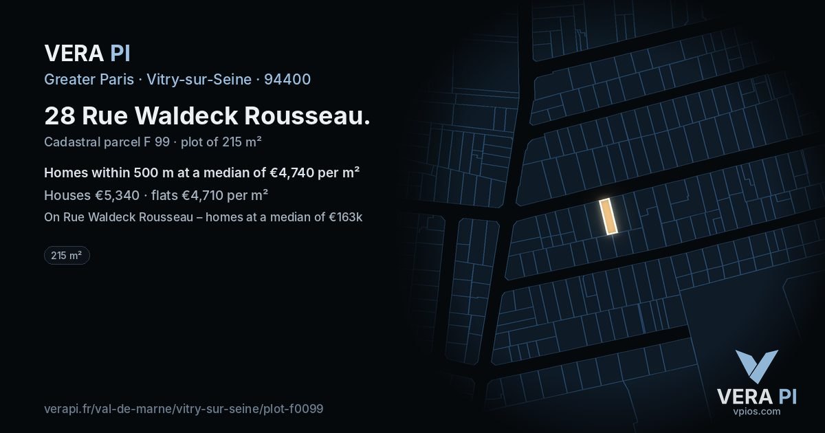 28 Rue Waldeck Rousseau, Vitry-sur-Seine at night – the plot lit, the parcels around coloured by the prices near them