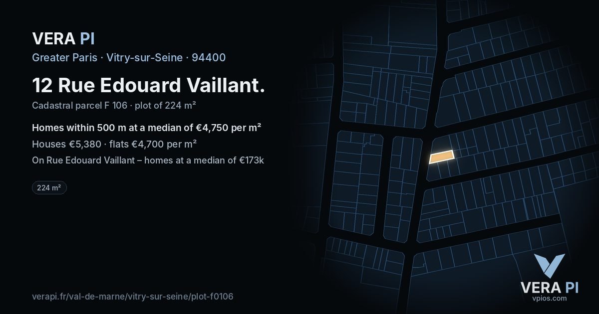 12 Rue Edouard Vaillant, Vitry-sur-Seine at night – the plot lit, the parcels around coloured by the prices near them