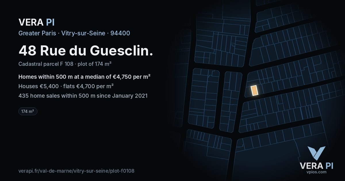 48 Rue du Guesclin, Vitry-sur-Seine at night – the plot lit, the parcels around coloured by the prices near them