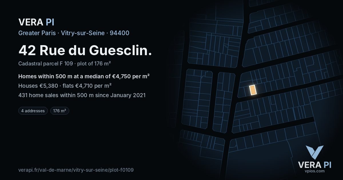 42 Rue du Guesclin, Vitry-sur-Seine at night – the plot lit, the parcels around coloured by the prices near them