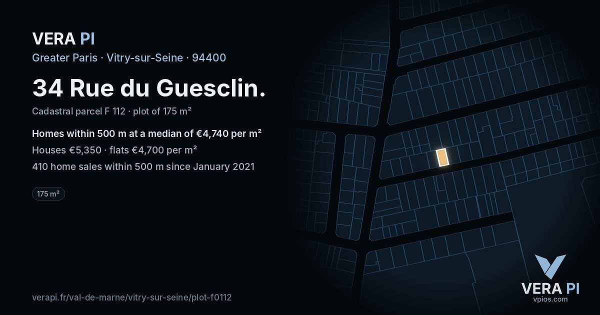 34 Rue du Guesclin, Vitry-sur-Seine at night – the plot lit, the parcels around coloured by the prices near them