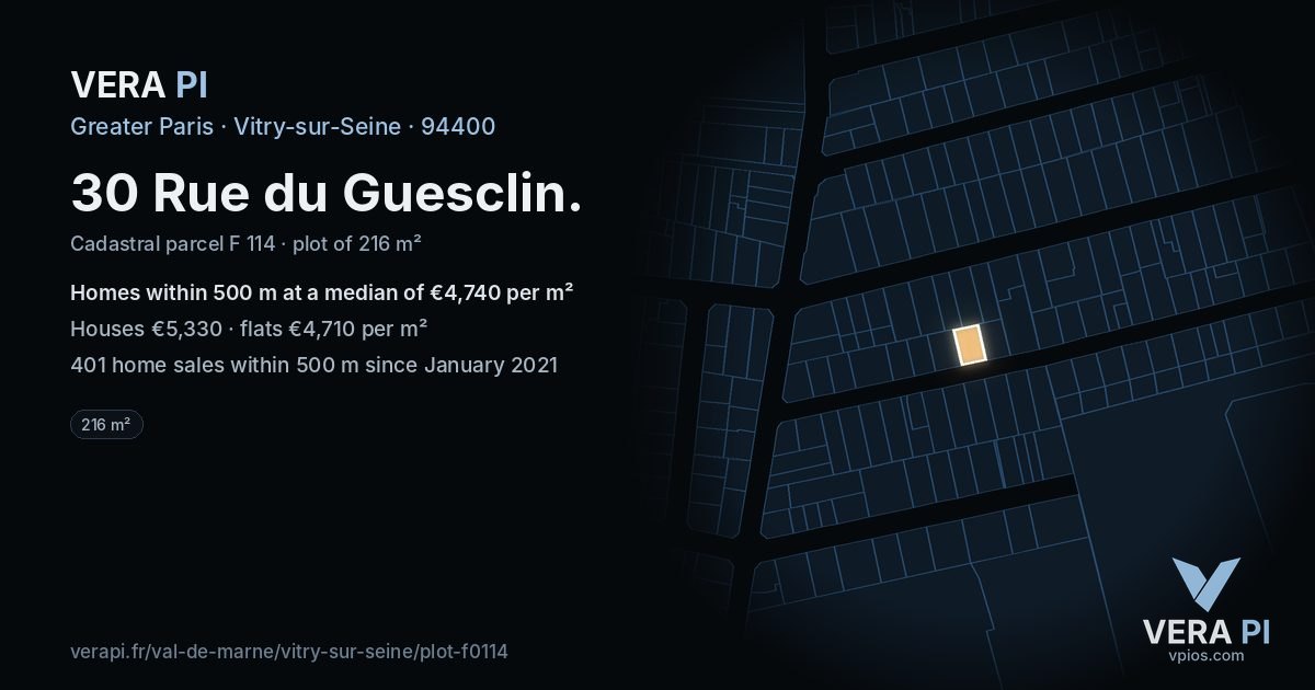 30 Rue du Guesclin, Vitry-sur-Seine at night – the plot lit, the parcels around coloured by the prices near them