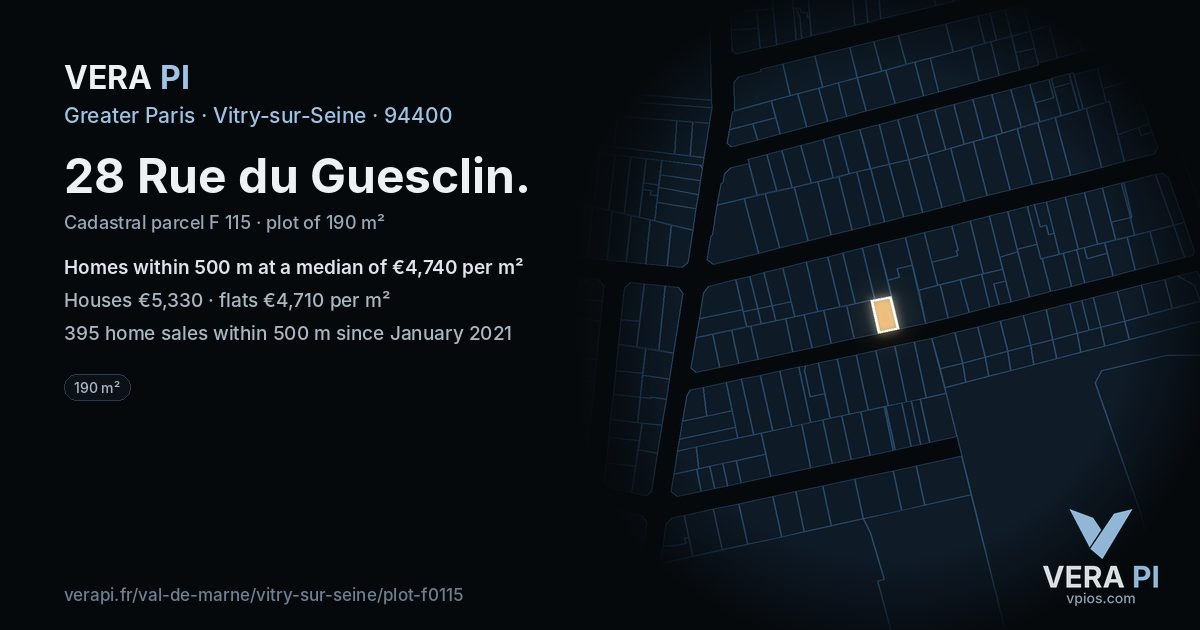 28 Rue du Guesclin, Vitry-sur-Seine at night – the plot lit, the parcels around coloured by the prices near them