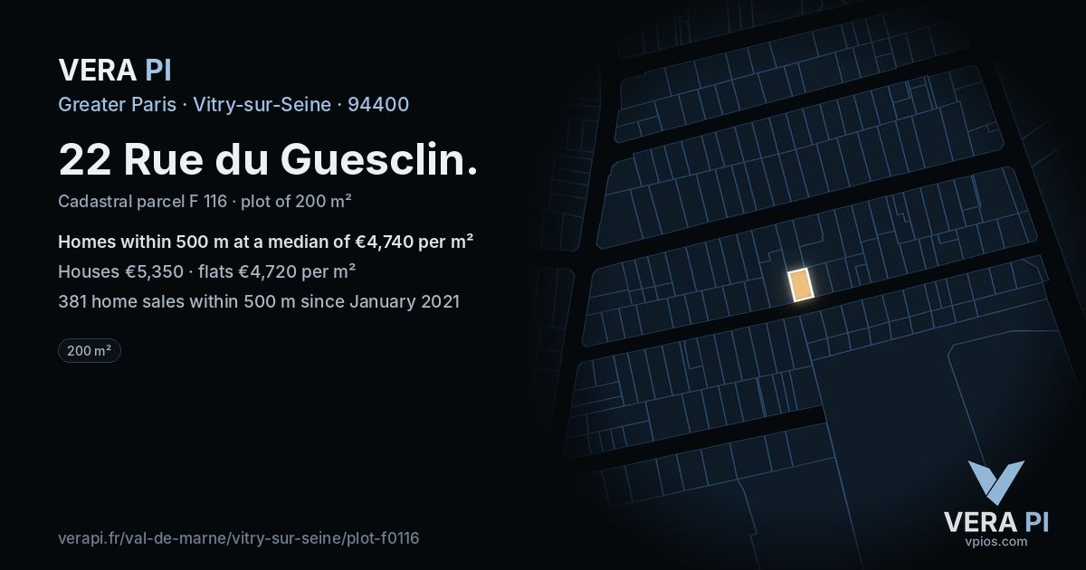 22 Rue du Guesclin, Vitry-sur-Seine at night – the plot lit, the parcels around coloured by the prices near them