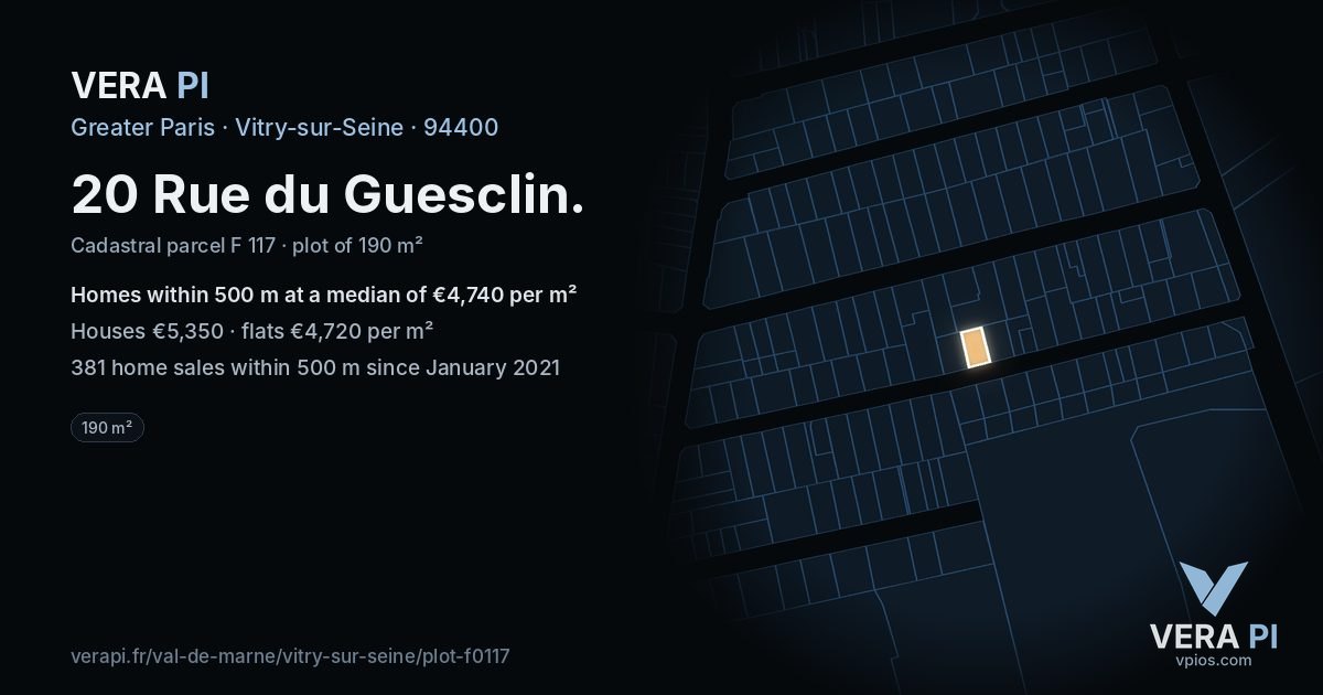 20 Rue du Guesclin, Vitry-sur-Seine at night – the plot lit, the parcels around coloured by the prices near them