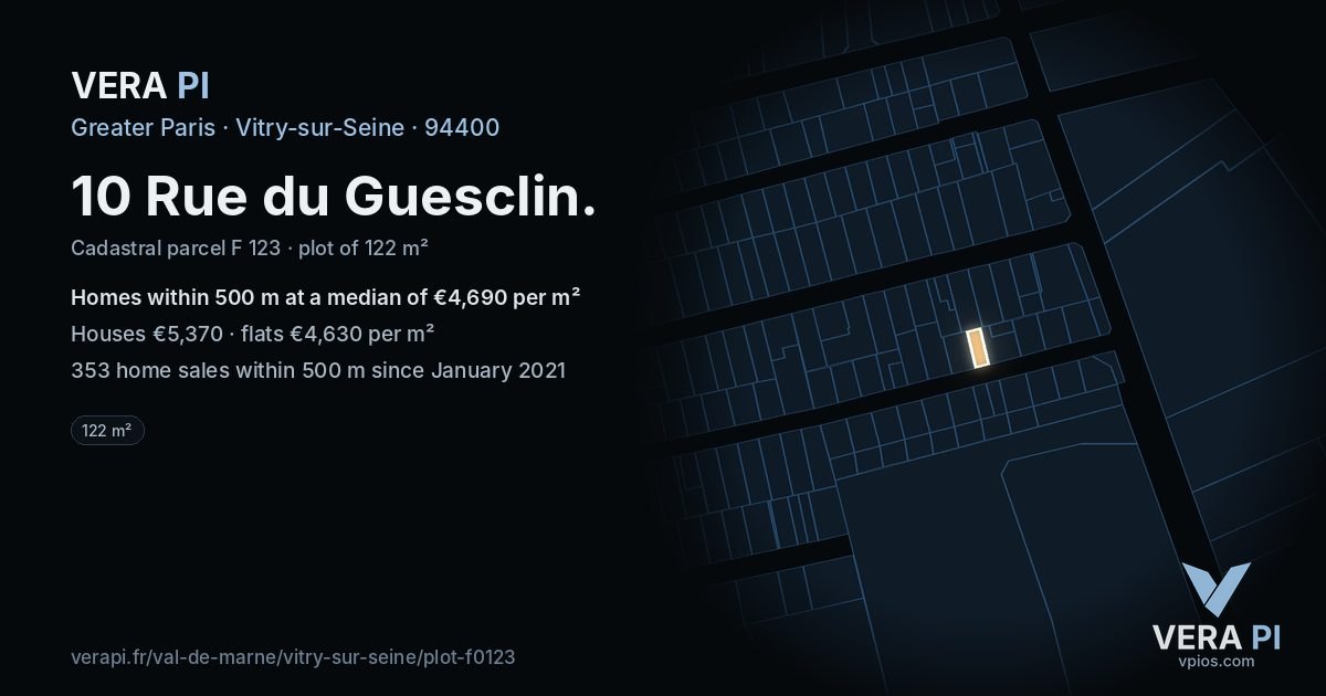 10 Rue du Guesclin, Vitry-sur-Seine at night – the plot lit, the parcels around coloured by the prices near them