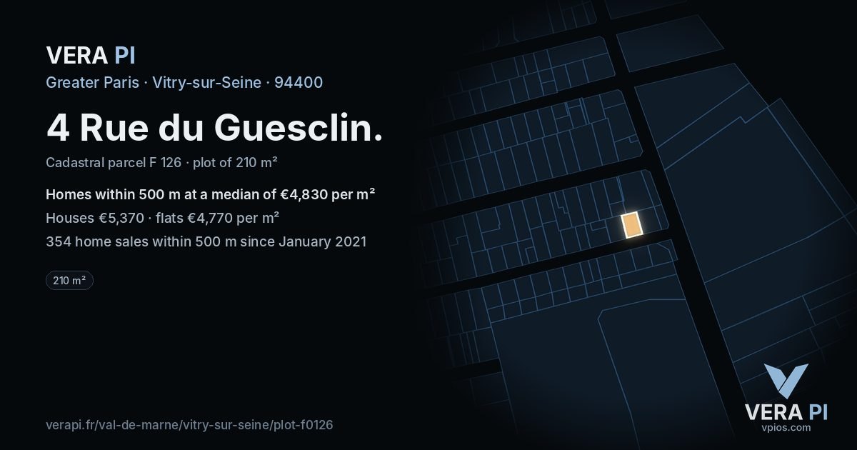 4 Rue du Guesclin, Vitry-sur-Seine at night – the plot lit, the parcels around coloured by the prices near them