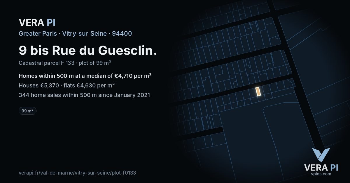 9 bis Rue du Guesclin, Vitry-sur-Seine at night – the plot lit, the parcels around coloured by the prices near them