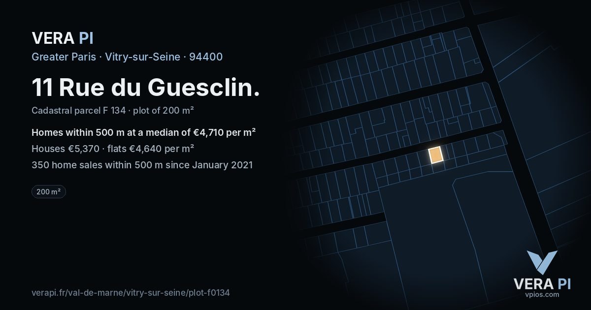 11 Rue du Guesclin, Vitry-sur-Seine at night – the plot lit, the parcels around coloured by the prices near them