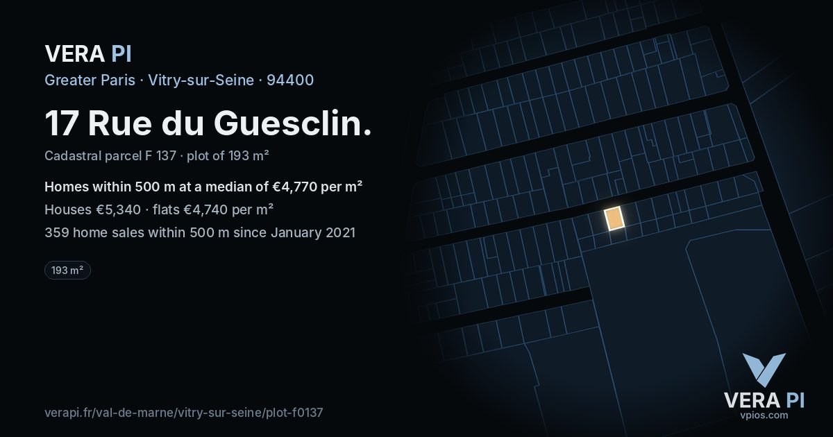 17 Rue du Guesclin, Vitry-sur-Seine at night – the plot lit, the parcels around coloured by the prices near them
