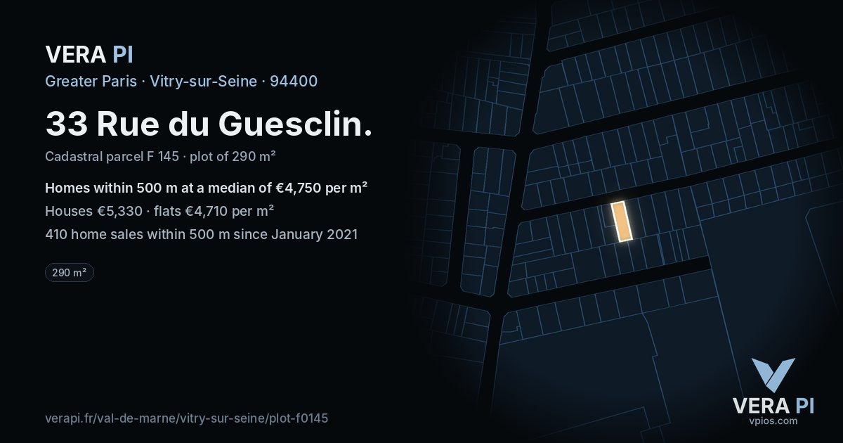 33 Rue du Guesclin, Vitry-sur-Seine at night – the plot lit, the parcels around coloured by the prices near them