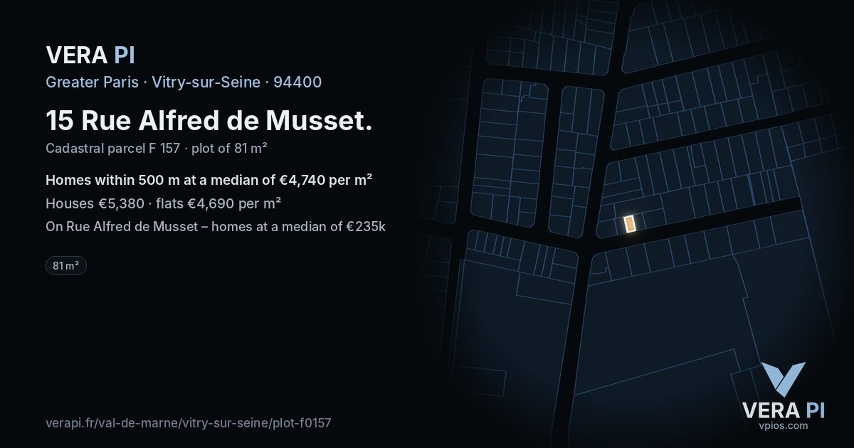 15 Rue Alfred de Musset, Vitry-sur-Seine at night – the plot lit, the parcels around coloured by the prices near them