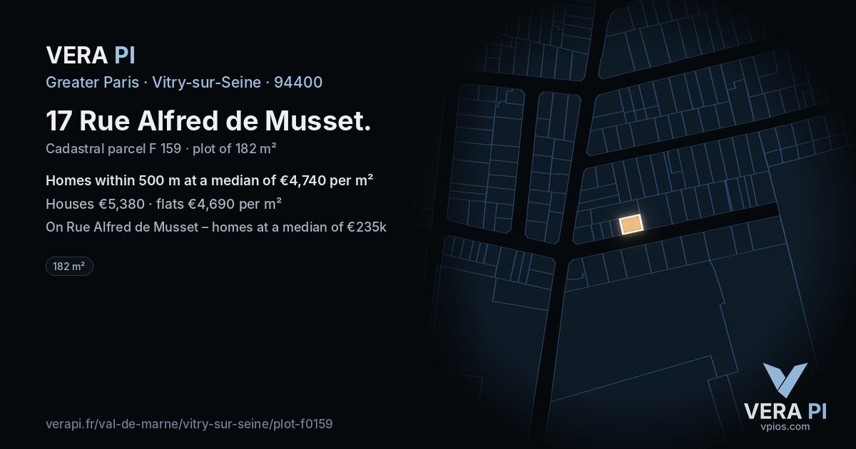 17 Rue Alfred de Musset, Vitry-sur-Seine at night – the plot lit, the parcels around coloured by the prices near them