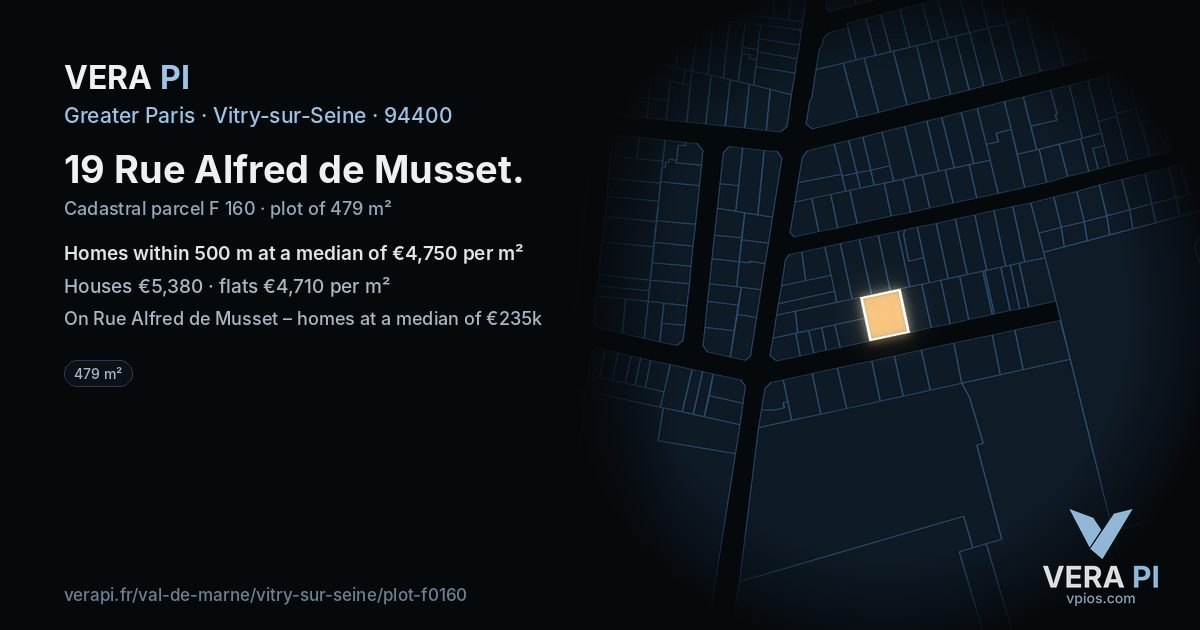 19 Rue Alfred de Musset, Vitry-sur-Seine at night – the plot lit, the parcels around coloured by the prices near them