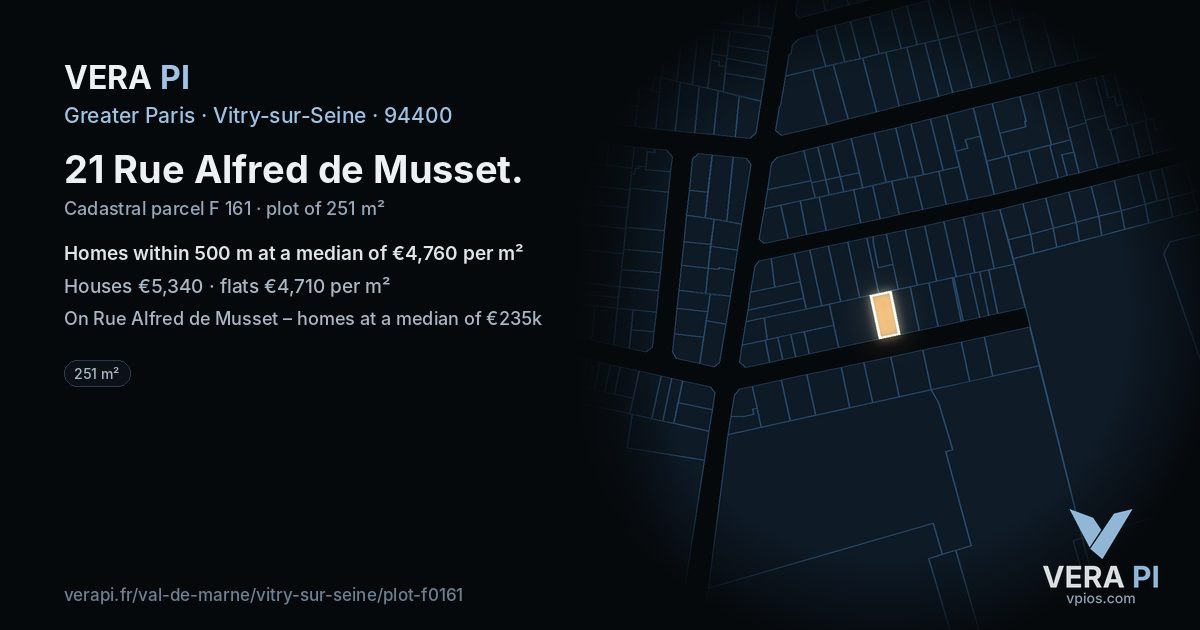 21 Rue Alfred de Musset, Vitry-sur-Seine at night – the plot lit, the parcels around coloured by the prices near them