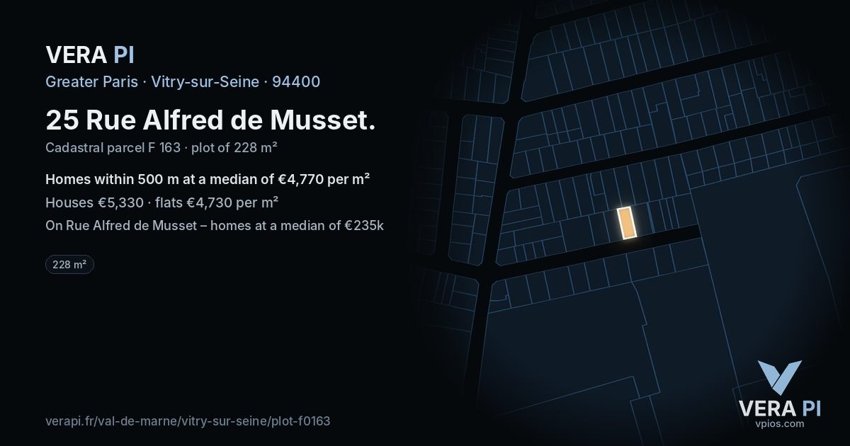 25 Rue Alfred de Musset, Vitry-sur-Seine at night – the plot lit, the parcels around coloured by the prices near them