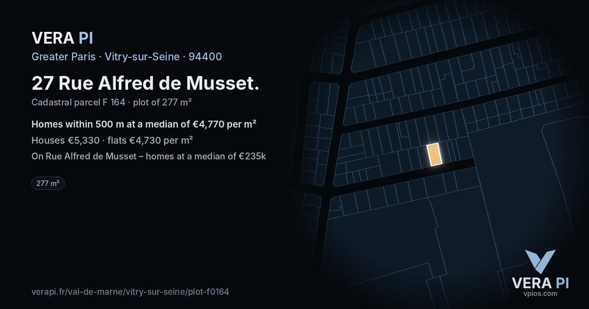 27 Rue Alfred de Musset, Vitry-sur-Seine at night – the plot lit, the parcels around coloured by the prices near them
