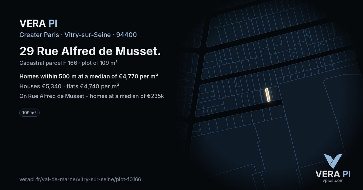 29 Rue Alfred de Musset, Vitry-sur-Seine at night – the plot lit, the parcels around coloured by the prices near them