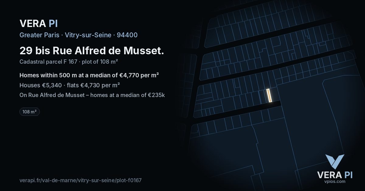 29 bis Rue Alfred de Musset, Vitry-sur-Seine at night – the plot lit, the parcels around coloured by the prices near them