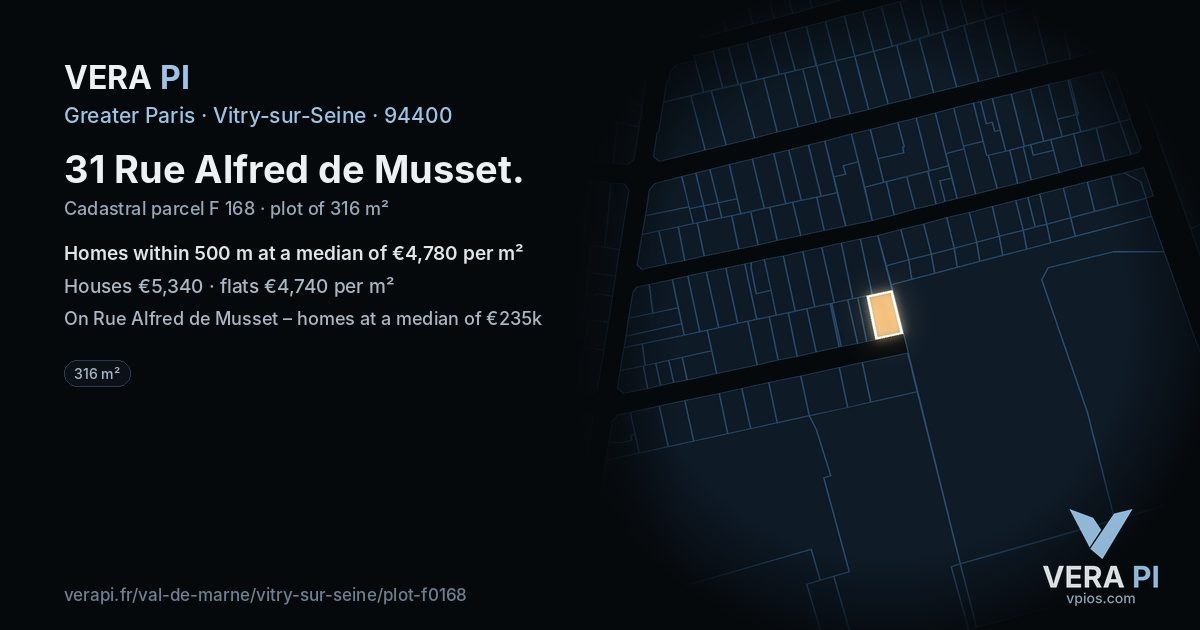 31 Rue Alfred de Musset, Vitry-sur-Seine at night – the plot lit, the parcels around coloured by the prices near them