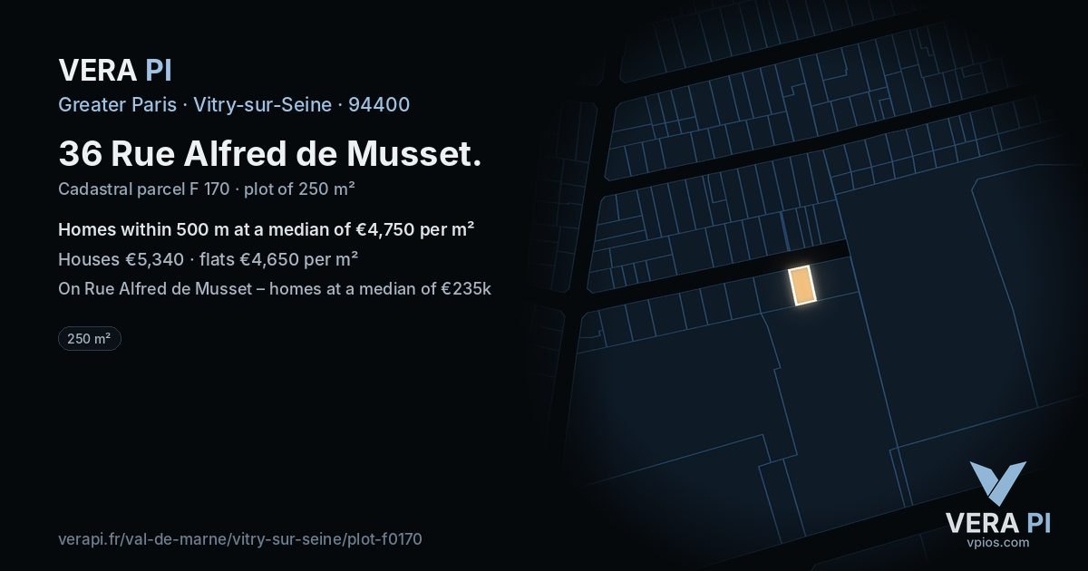 36 Rue Alfred de Musset, Vitry-sur-Seine at night – the plot lit, the parcels around coloured by the prices near them