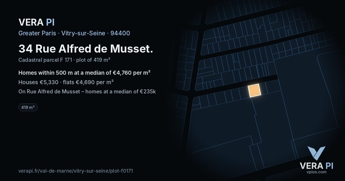 34 Rue Alfred de Musset, Vitry-sur-Seine at night – the plot lit, the parcels around coloured by the prices near them