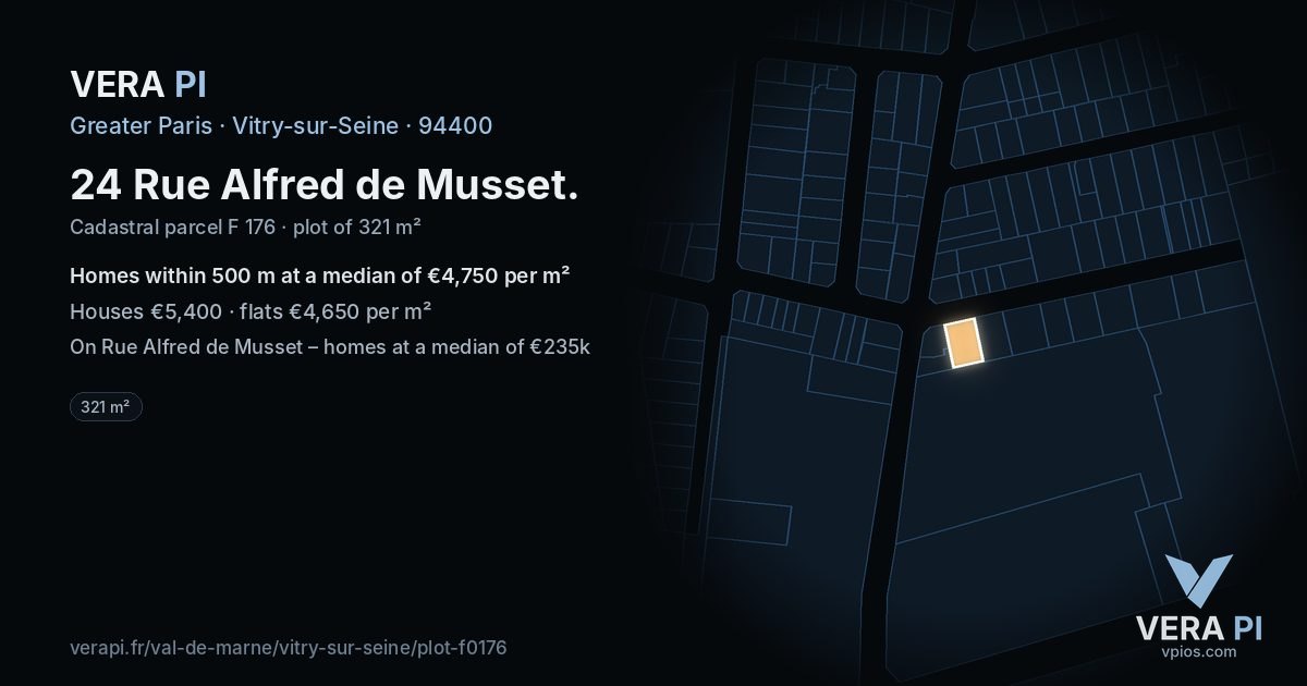24 Rue Alfred de Musset, Vitry-sur-Seine at night – the plot lit, the parcels around coloured by the prices near them