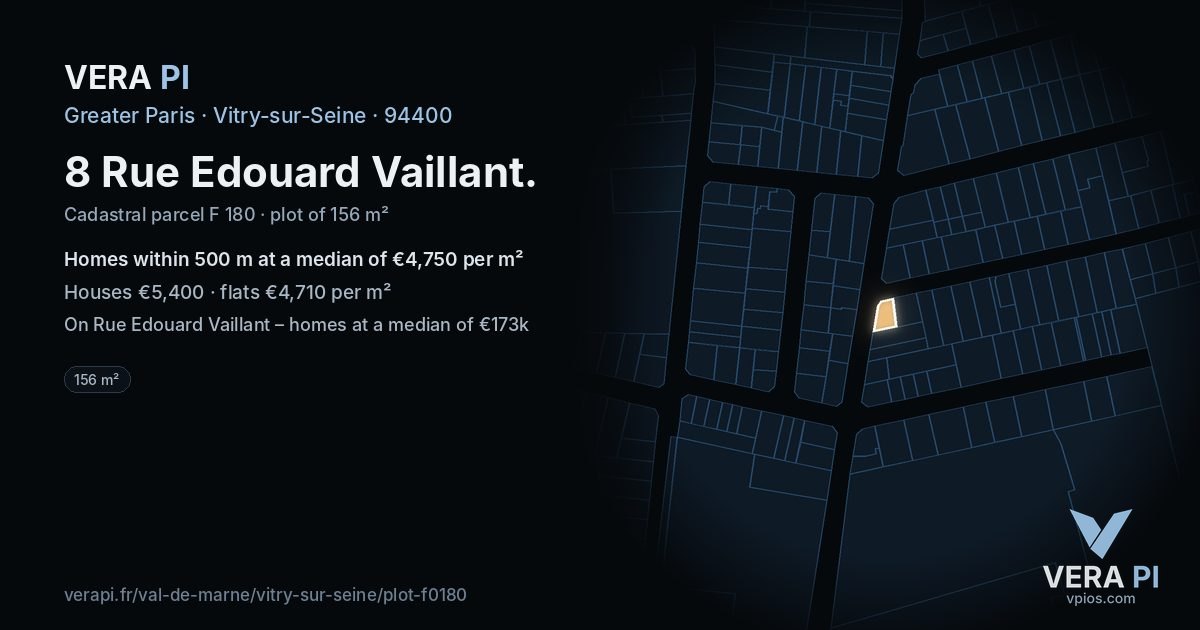8 Rue Edouard Vaillant, Vitry-sur-Seine at night – the plot lit, the parcels around coloured by the prices near them