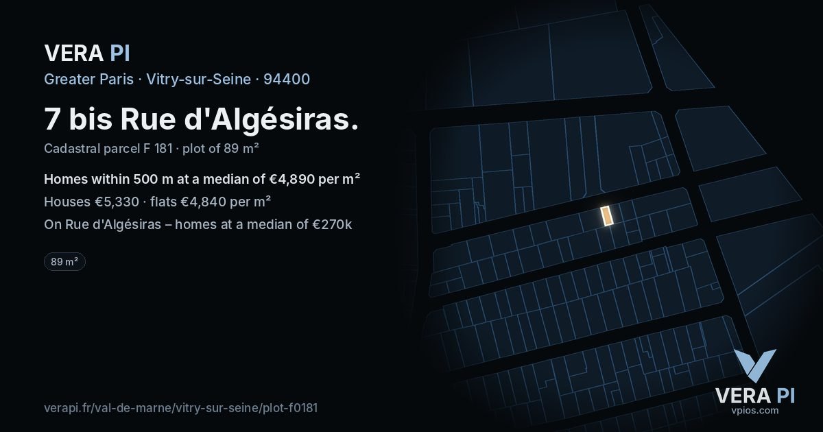 7 bis Rue d'Algésiras, Vitry-sur-Seine at night – the plot lit, the parcels around coloured by the prices near them