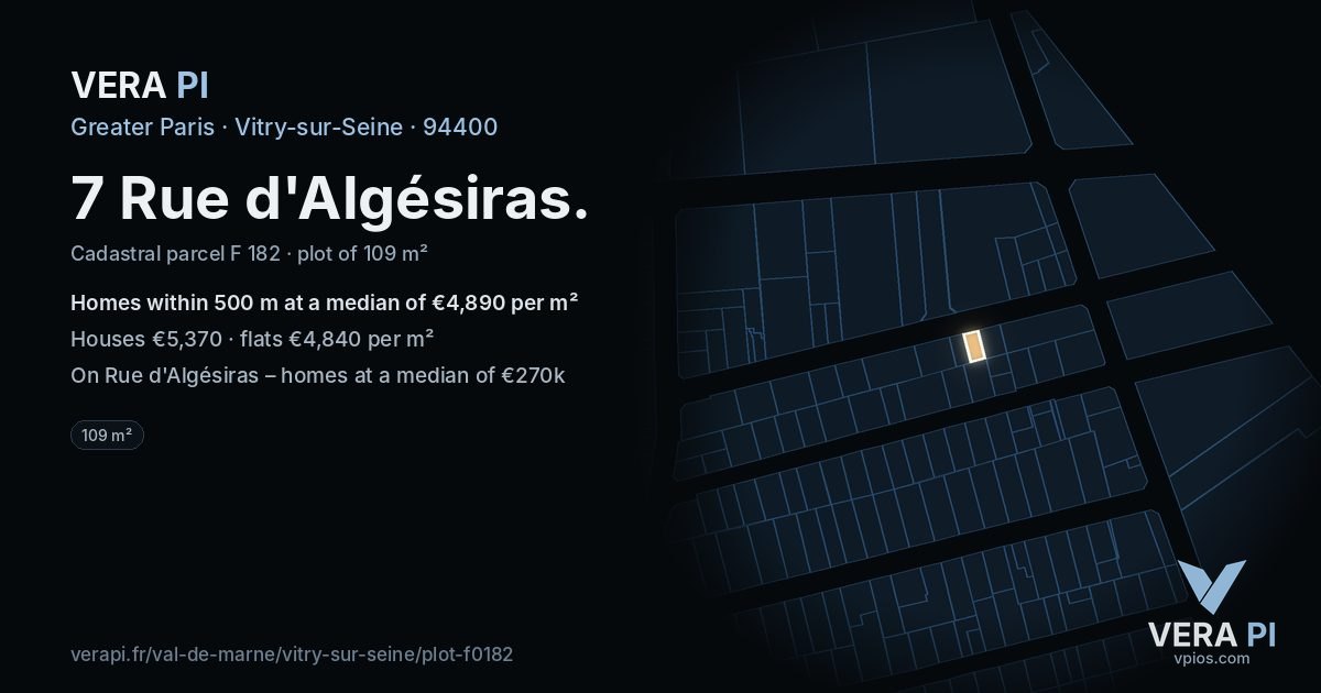 7 Rue d'Algésiras, Vitry-sur-Seine at night – the plot lit, the parcels around coloured by the prices near them