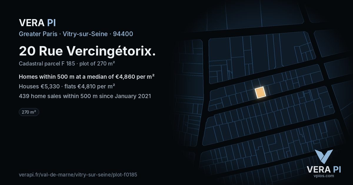 20 Rue Vercingétorix, Vitry-sur-Seine at night – the plot lit, the parcels around coloured by the prices near them