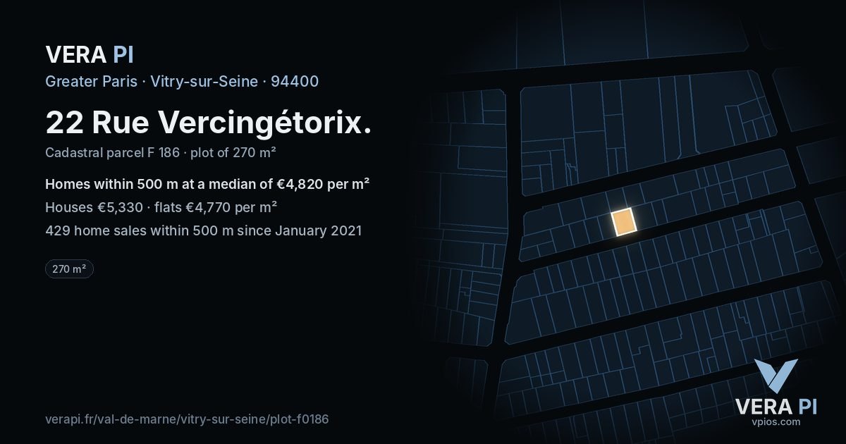 22 Rue Vercingétorix, Vitry-sur-Seine at night – the plot lit, the parcels around coloured by the prices near them