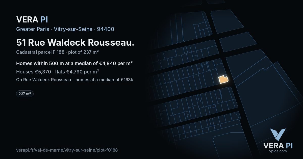 51 Rue Waldeck Rousseau, Vitry-sur-Seine at night – the plot lit, the parcels around coloured by the prices near them