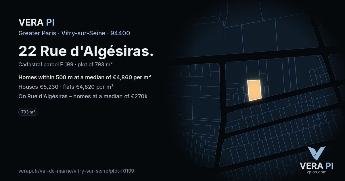22 Rue d'Algésiras, Vitry-sur-Seine at night – the plot lit, the parcels around coloured by the prices near them