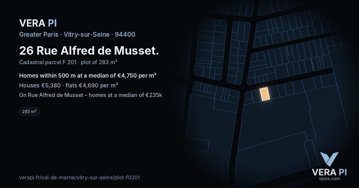 26 Rue Alfred de Musset, Vitry-sur-Seine at night – the plot lit, the parcels around coloured by the prices near them