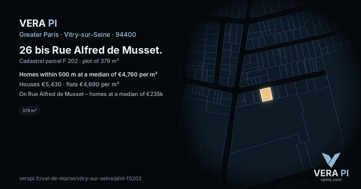 26 bis Rue Alfred de Musset, Vitry-sur-Seine at night – the plot lit, the parcels around coloured by the prices near them