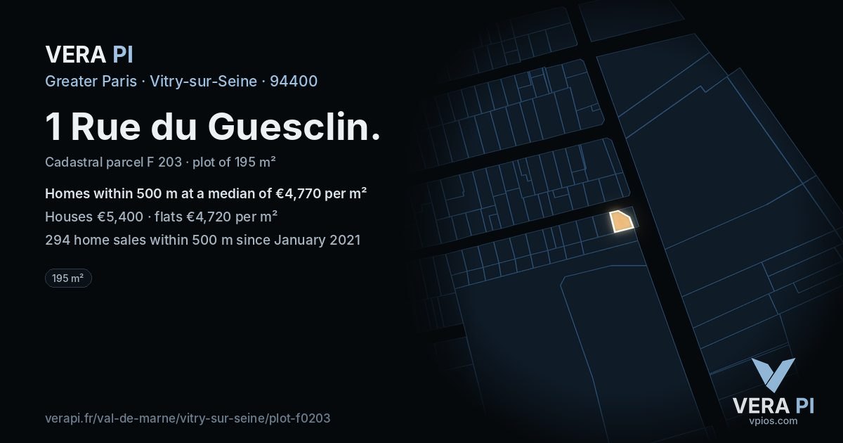 1 Rue du Guesclin, Vitry-sur-Seine at night – the plot lit, the parcels around coloured by the prices near them