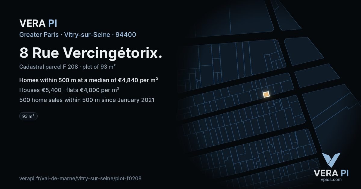 8 Rue Vercingétorix, Vitry-sur-Seine at night – the plot lit, the parcels around coloured by the prices near them