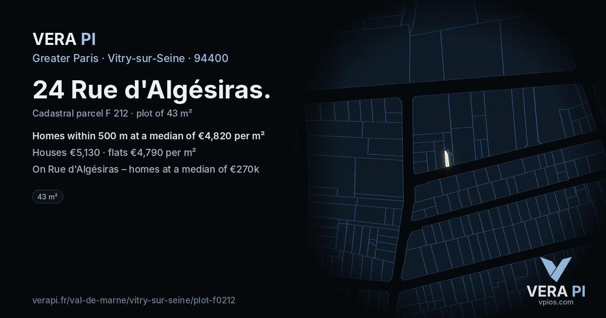 24 Rue d'Algésiras, Vitry-sur-Seine at night – the plot lit, the parcels around coloured by the prices near them