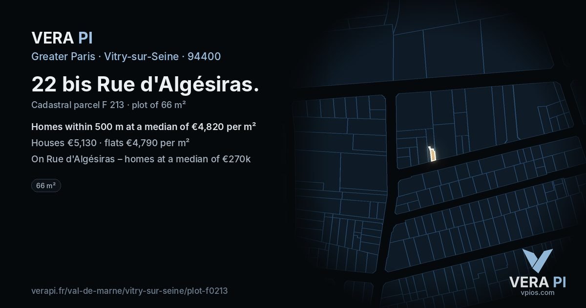 22 bis Rue d'Algésiras, Vitry-sur-Seine at night – the plot lit, the parcels around coloured by the prices near them