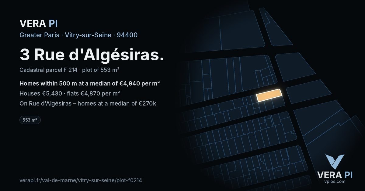 3 Rue d'Algésiras, Vitry-sur-Seine at night – the plot lit, the parcels around coloured by the prices near them
